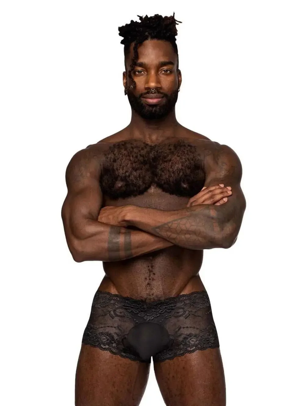 Male Power 127-280 Sassy Lace Mini Short Sheer Pouch Color Black